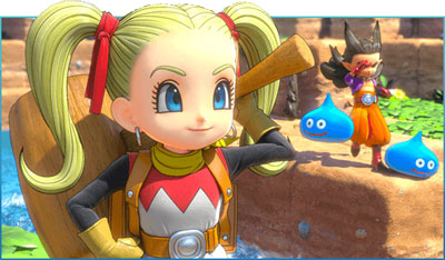  the female character with blonde hair holding a wood hammer over her shoulder. The background is the male character with black hair, and two slimes on rocks  